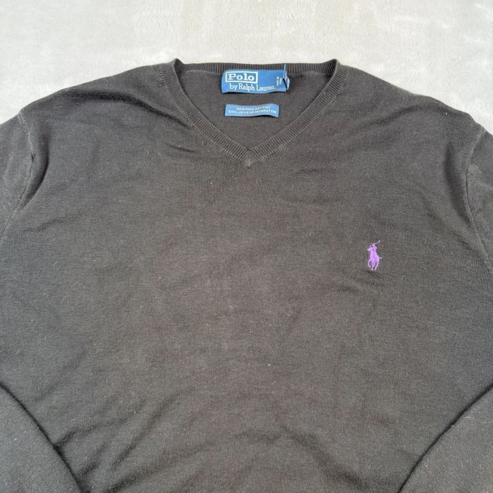 Polo Ralph Lauren Mens V Neck Black 100% Pima‎ Cotton Sweater XL